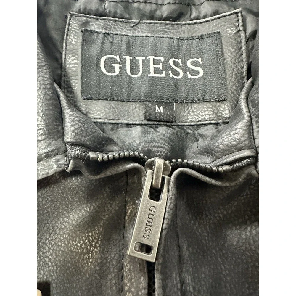 GUESS Men's Faux Leather Moto Biker Jacket Black Size Medium M Quilted Lining